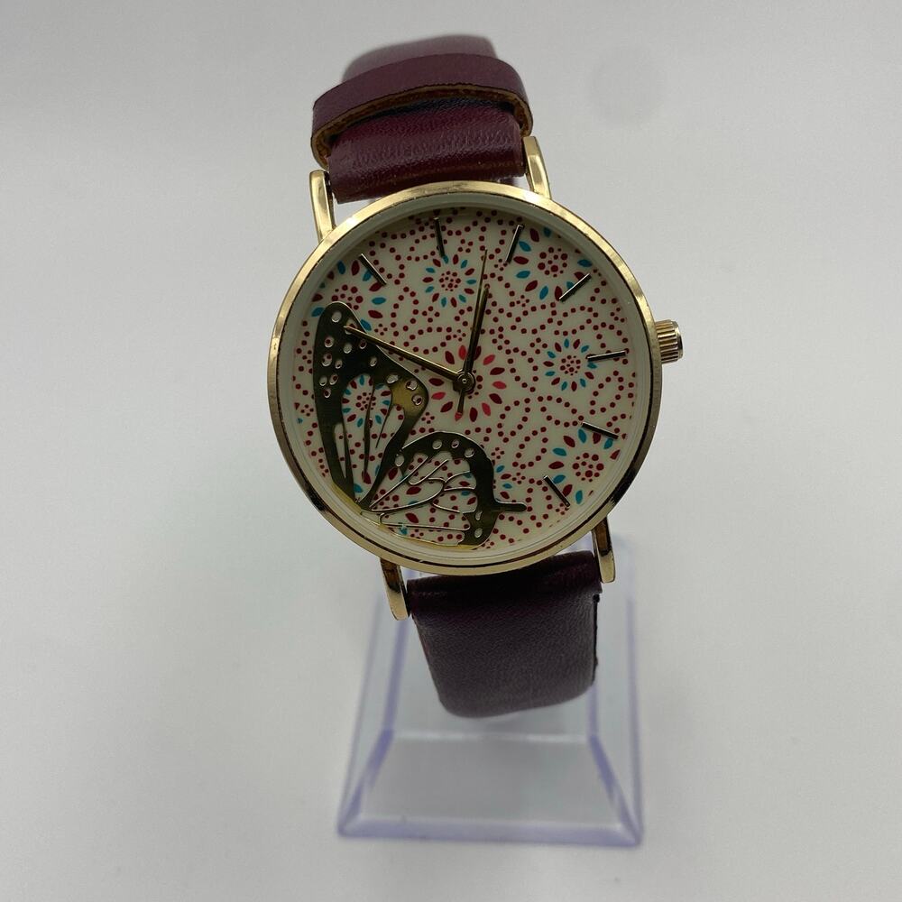 Elegant Butterfly Dial Analog Watch with Maroon Band - New Battery!